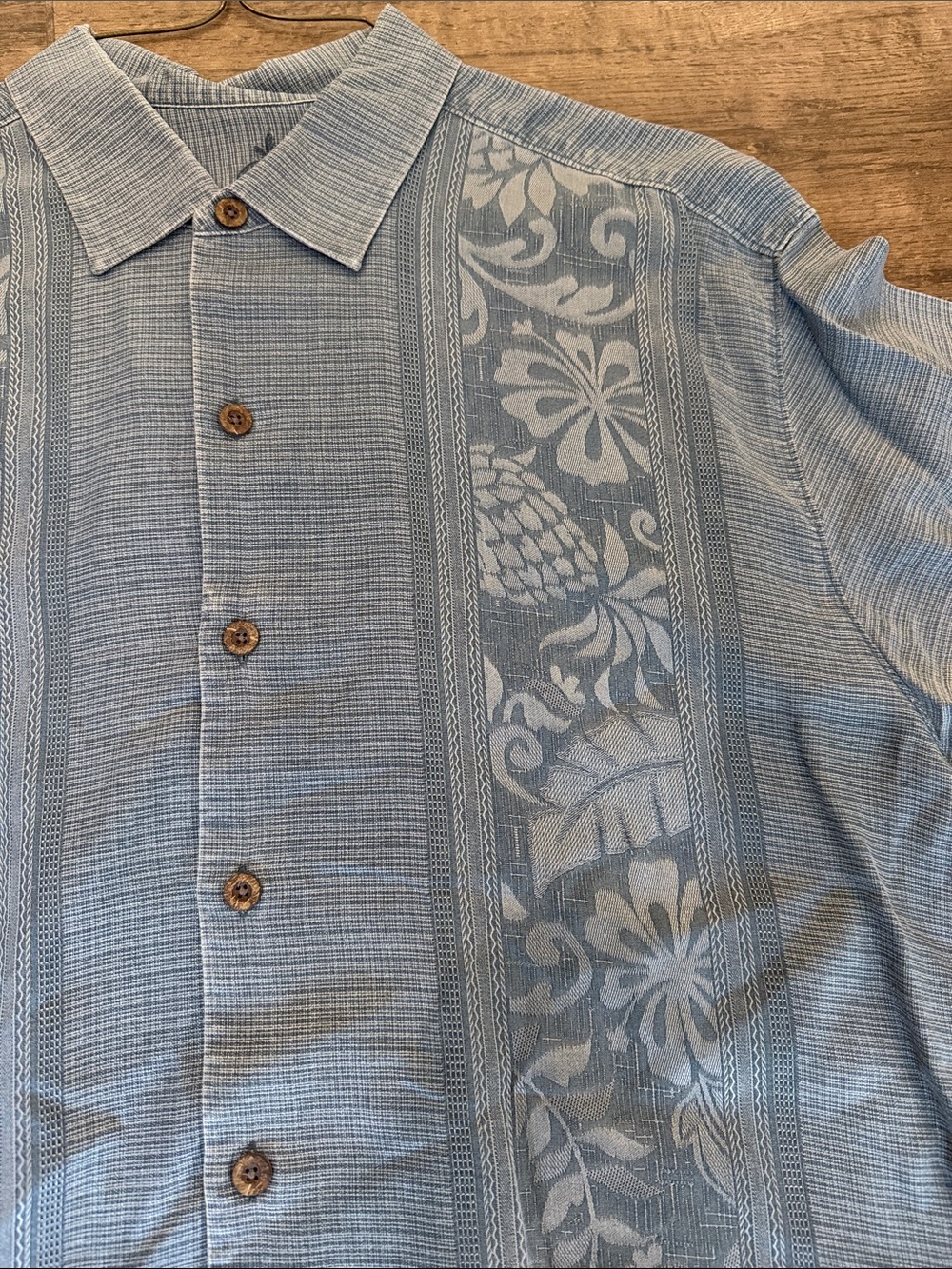Tommy Bahama Light Blue Floral-Panel Short Sleeve Button-Down - Picture 3 of 6